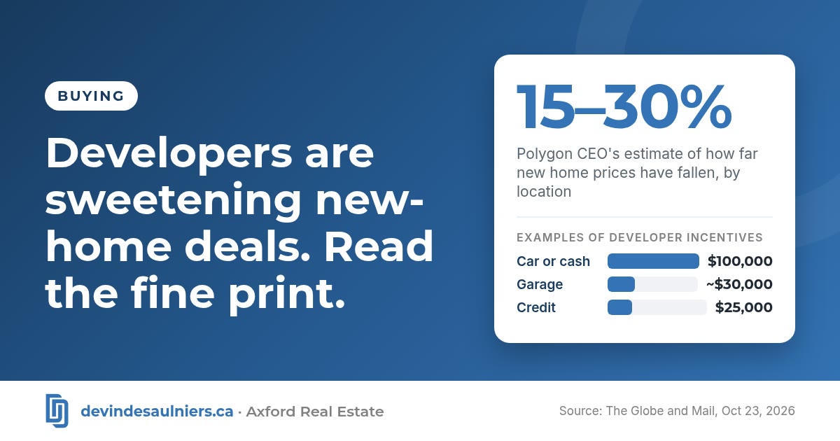 Branded graphic for the blog post “Developers are sweetening new-home deals. Read the fine print.” (Buying). Key figure: 15–30%, Polygon CEO's estimate of how far new home prices have fallen, by location. Bar chart of examples of developer incentives: Car or cash $100,000; Garage ~$30,000; Credit $25,000. Source: The Globe and Mail, Oct 23, 2026.